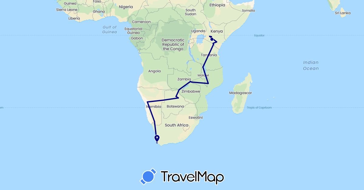 TravelMap itinerary: driving in Botswana, Kenya, Malawi, Namibia, Tanzania, South Africa, Zambia (Africa)